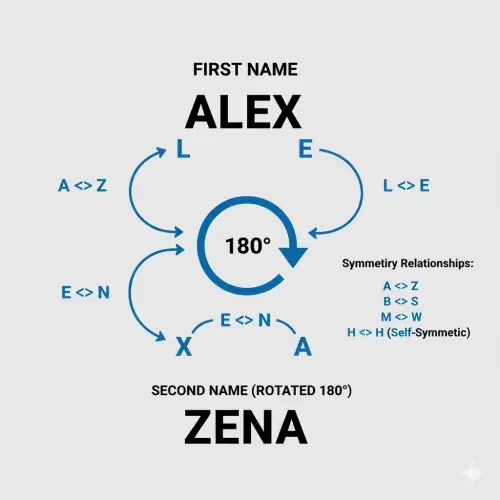 Diagram illustrating the letter-mapping process in a two-name ambigram, showing how A maps to Z
